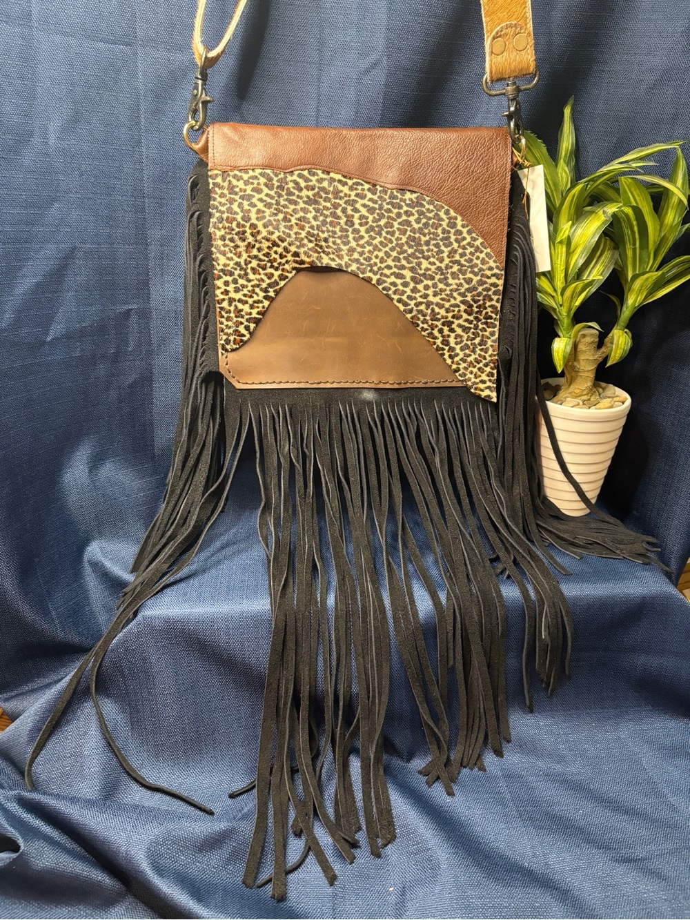 Fringed Leopard Accent Crossbody Bag - Brown & Black